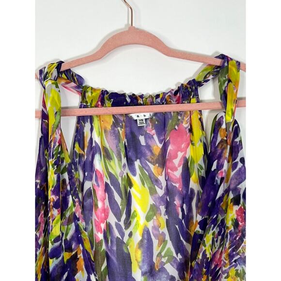 Cabi Purple Pink Yellow Abstract Sleeveless Semi Sheer Wrap Tank Blouse Size XS - Picture 2 of 8